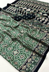 Bottle Green Ajrakh Print in Modal Silk Saree With Blouse Piece - Adi Akshoy & Co.