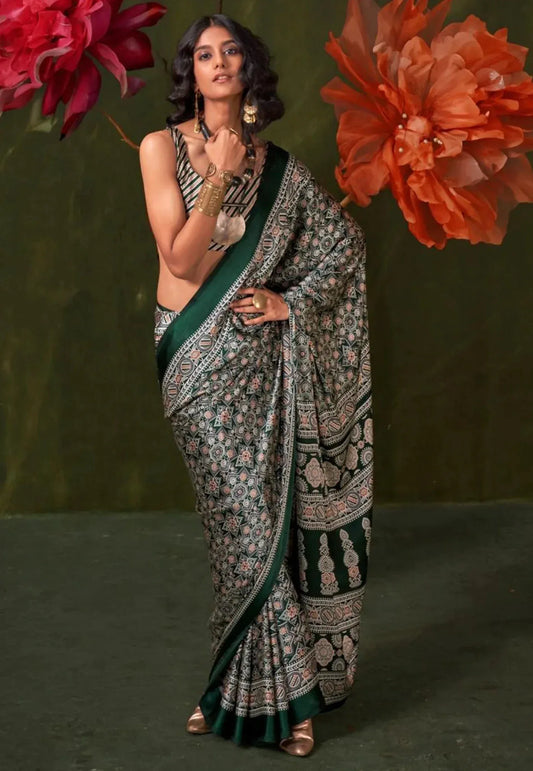 Bottle Green Ajrakh Print in Modal Silk Saree With Blouse Piece - Adi Akshoy & Co.
