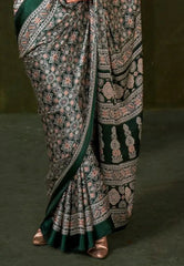 Bottle Green Ajrakh Print in Modal Silk Saree With Blouse Piece - Adi Akshoy & Co.