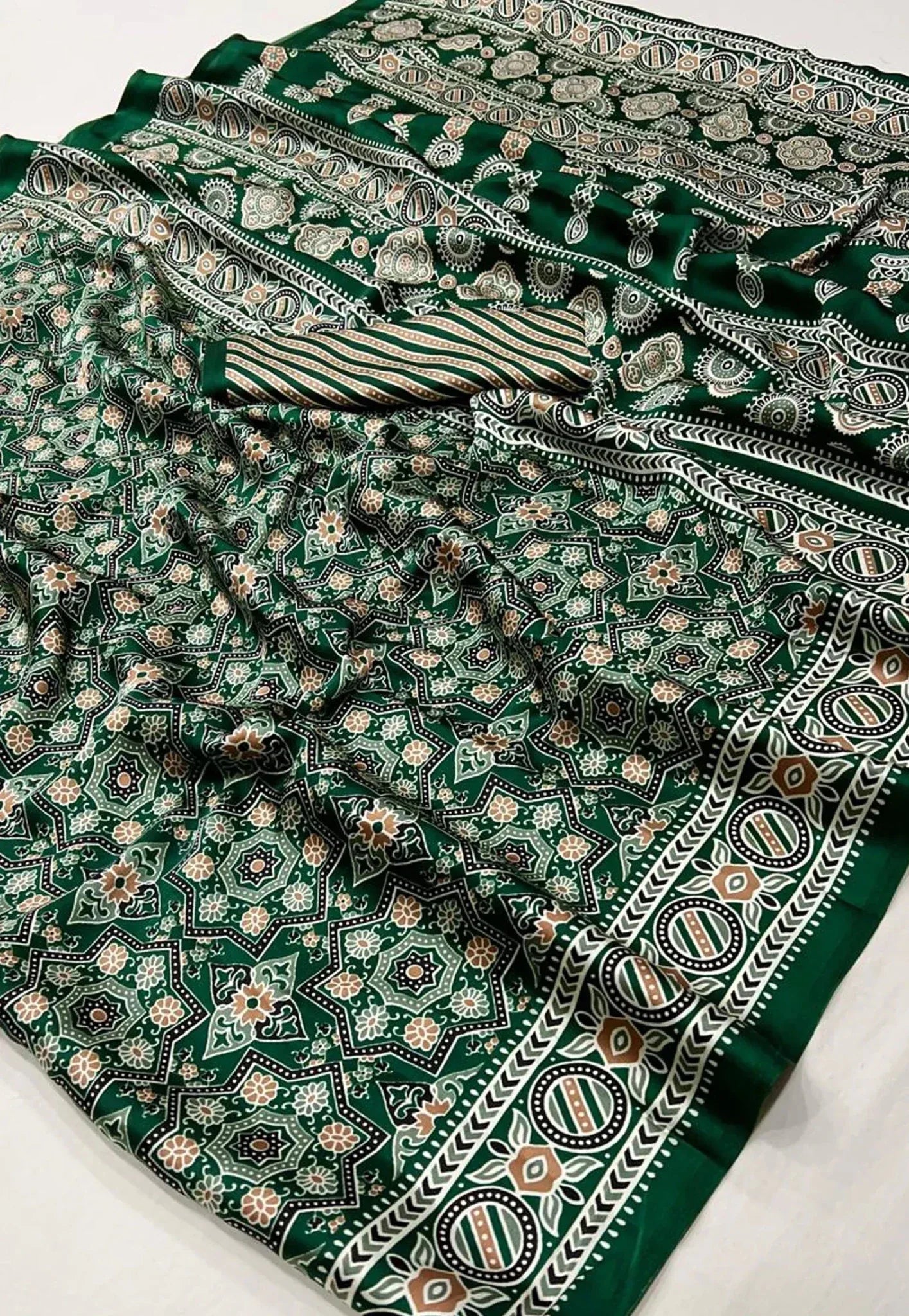 Bottle Green Ajrakh Print in Modal Silk Saree With Blouse Piece - Adi Akshoy & Co.