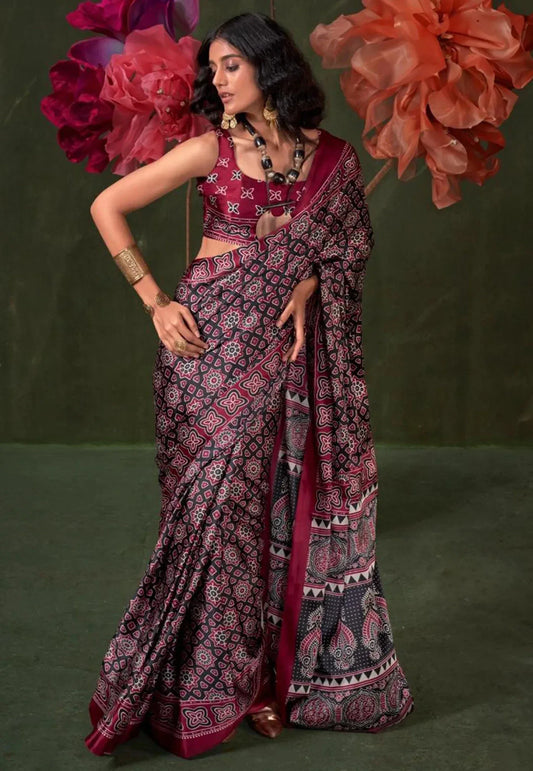 Black & Red Ajrakh Print in Modal Silk Saree With Blouse Piece - Adi Akshoy & Co.