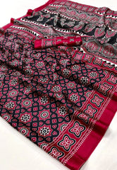 Black & Red Ajrakh Print in Modal Silk Saree With Blouse Piece - Adi Akshoy & Co.