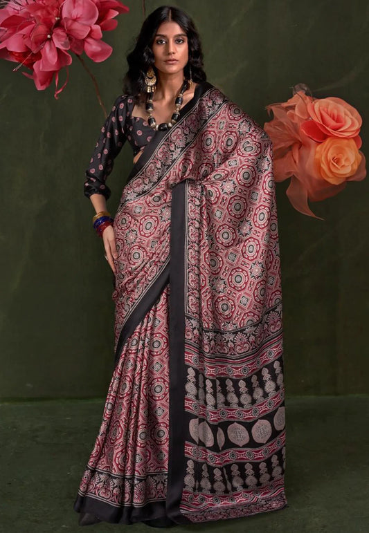 Black & Red Ajrakh Print in Modal Silk Saree With Blouse Piece - Adi Akshoy & Co.