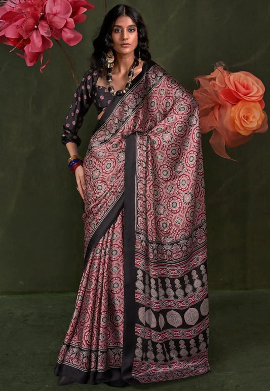 Black & Red Ajrakh Print in Modal Silk Saree With Blouse Piece - Adi Akshoy & Co.