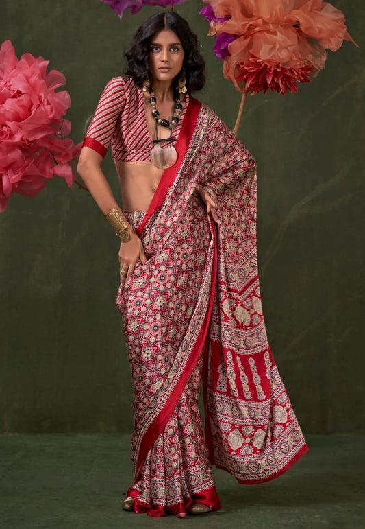 Red Ajrakh Print in Modal Silk Saree With Blouse Piece - Adi Akshoy & Co.