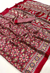 Red Ajrakh Print in Modal Silk Saree With Blouse Piece - Adi Akshoy & Co.