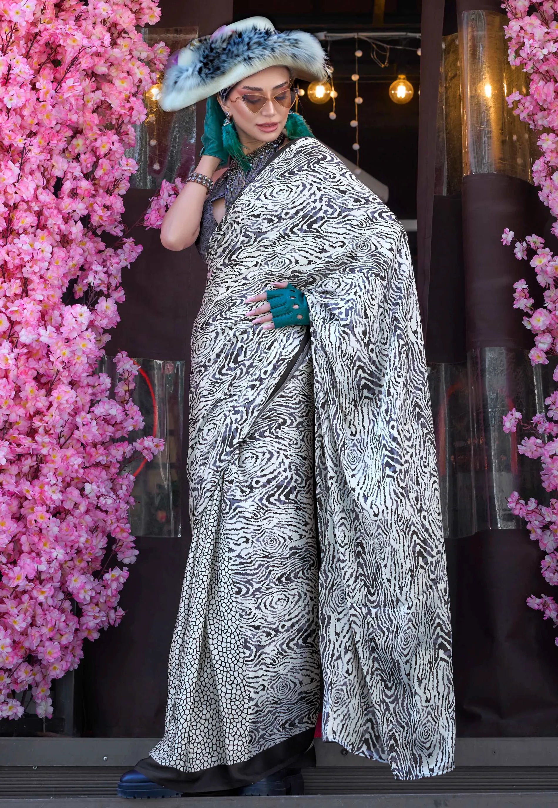 White with Black stripe Ajrakh Print Modal Silk Saree with Blouse Piece - Adi Akshoy & Co.