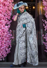 White with Black stripe Ajrakh Print Modal Silk Saree with Blouse Piece - Adi Akshoy & Co.