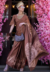 Brown Ajrakh Print Modal Silk Saree With Blouse Piece - Adi Akshoy & Co.