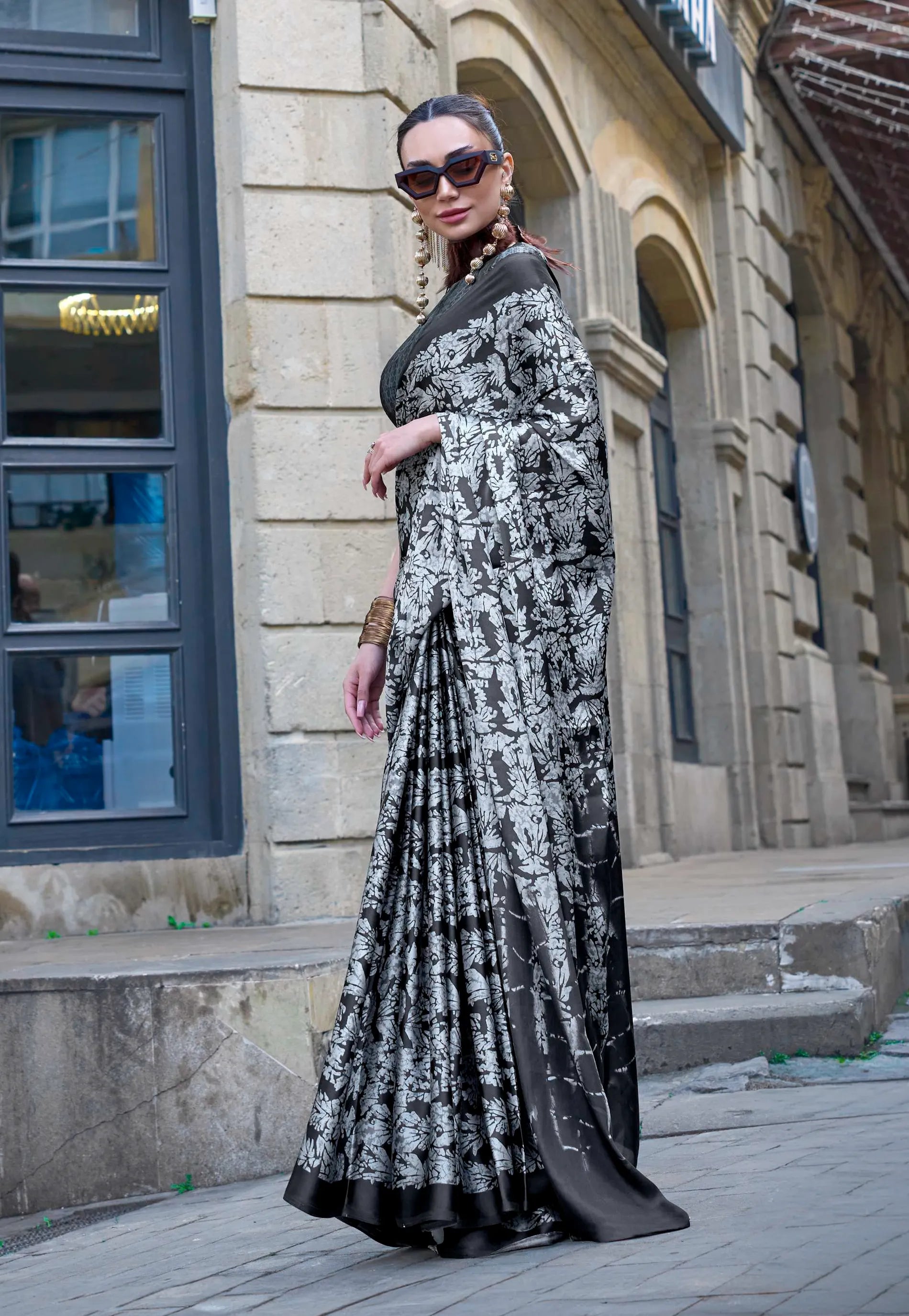 Black with White Floral Ajrakh Print Modal Silk Saree With Blouse Piece - Adi Akshoy & Co.