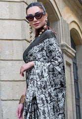 Black with White Floral Ajrakh Print Modal Silk Saree With Blouse Piece - Adi Akshoy & Co.