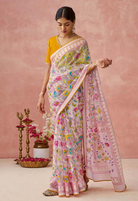 Baby Pink Kora Silk Saree With Blouse Piece - Adi Akshoy & Co.