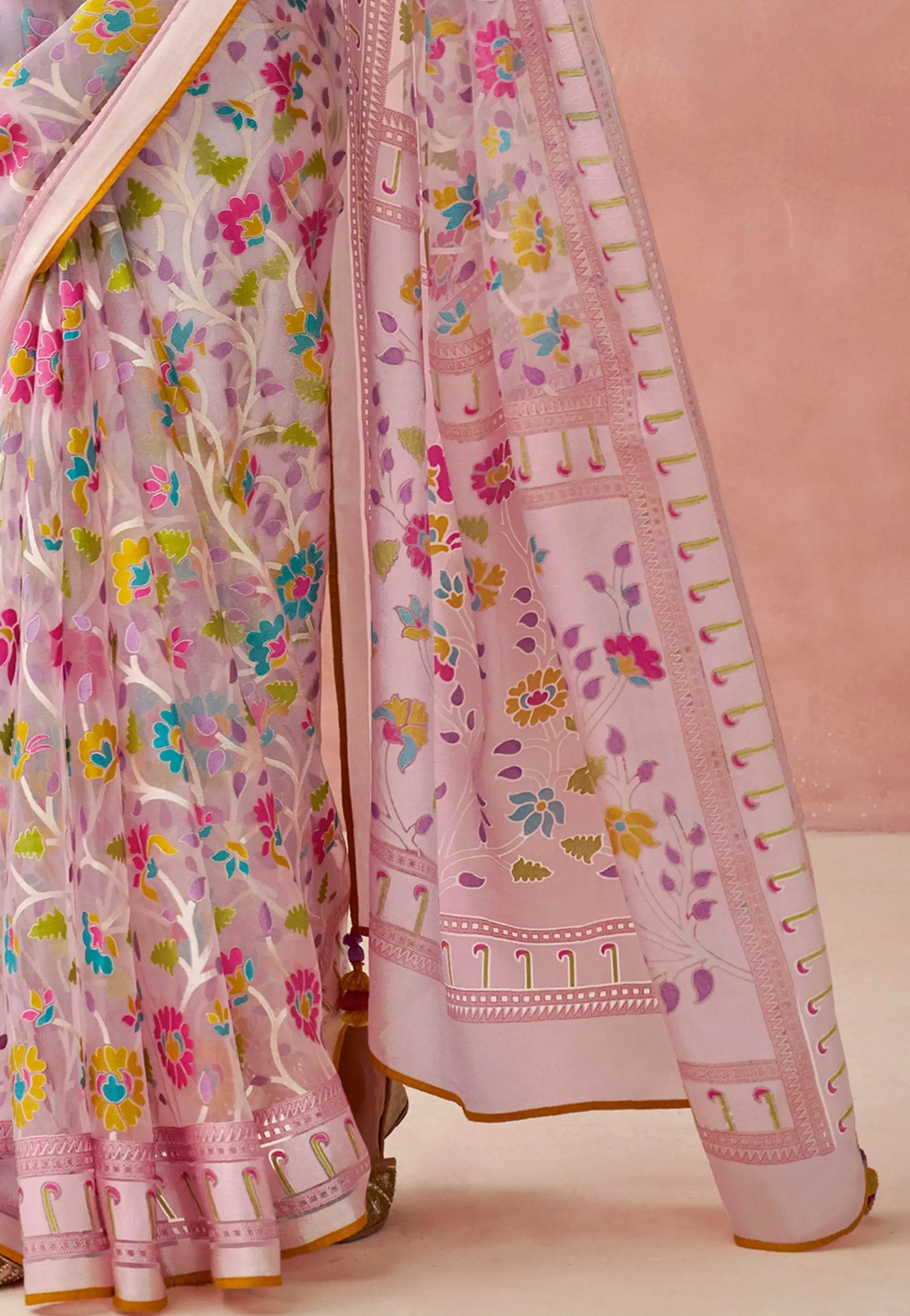 Baby Pink Kora Silk Saree With Blouse Piece - Adi Akshoy & Co.