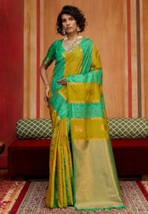 Parrot Green Kanjivaram Silk Saree with Blouse Piece - Adi Akshoy & Co.