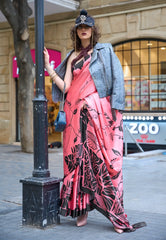 Light Neon Pink Modal Silk Saree With Blouse Piece- Adi Akshoy & Co.