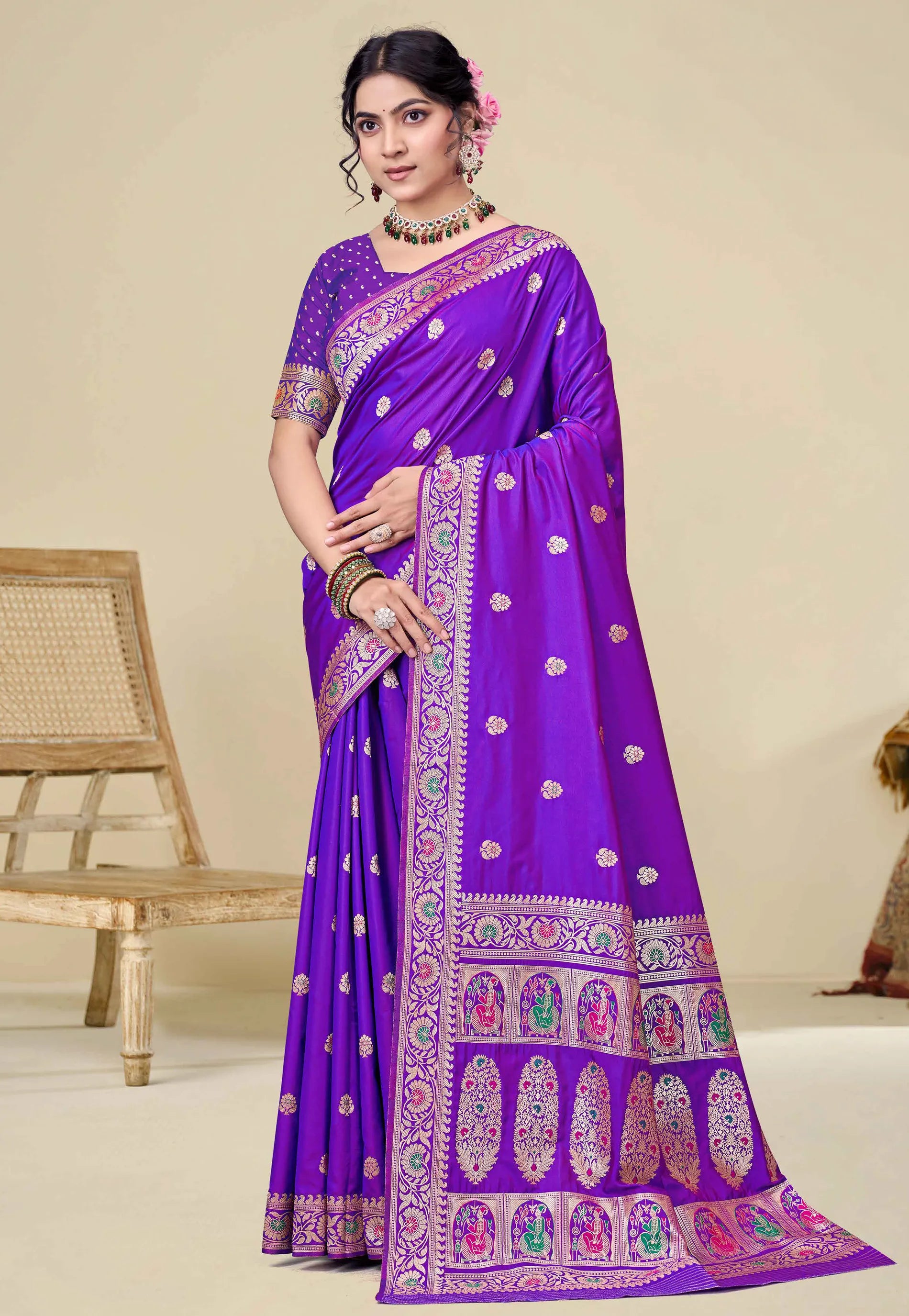 Purple Baluchari Silk Saree with Blouse Piece - Adi Akshoy & co.