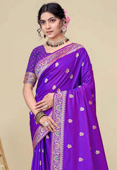 Purple Baluchari Silk Saree with Blouse Piece - Adi Akshoy & co.