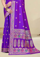 Purple Baluchari Silk Saree with Blouse Piece - Adi Akshoy & co.
