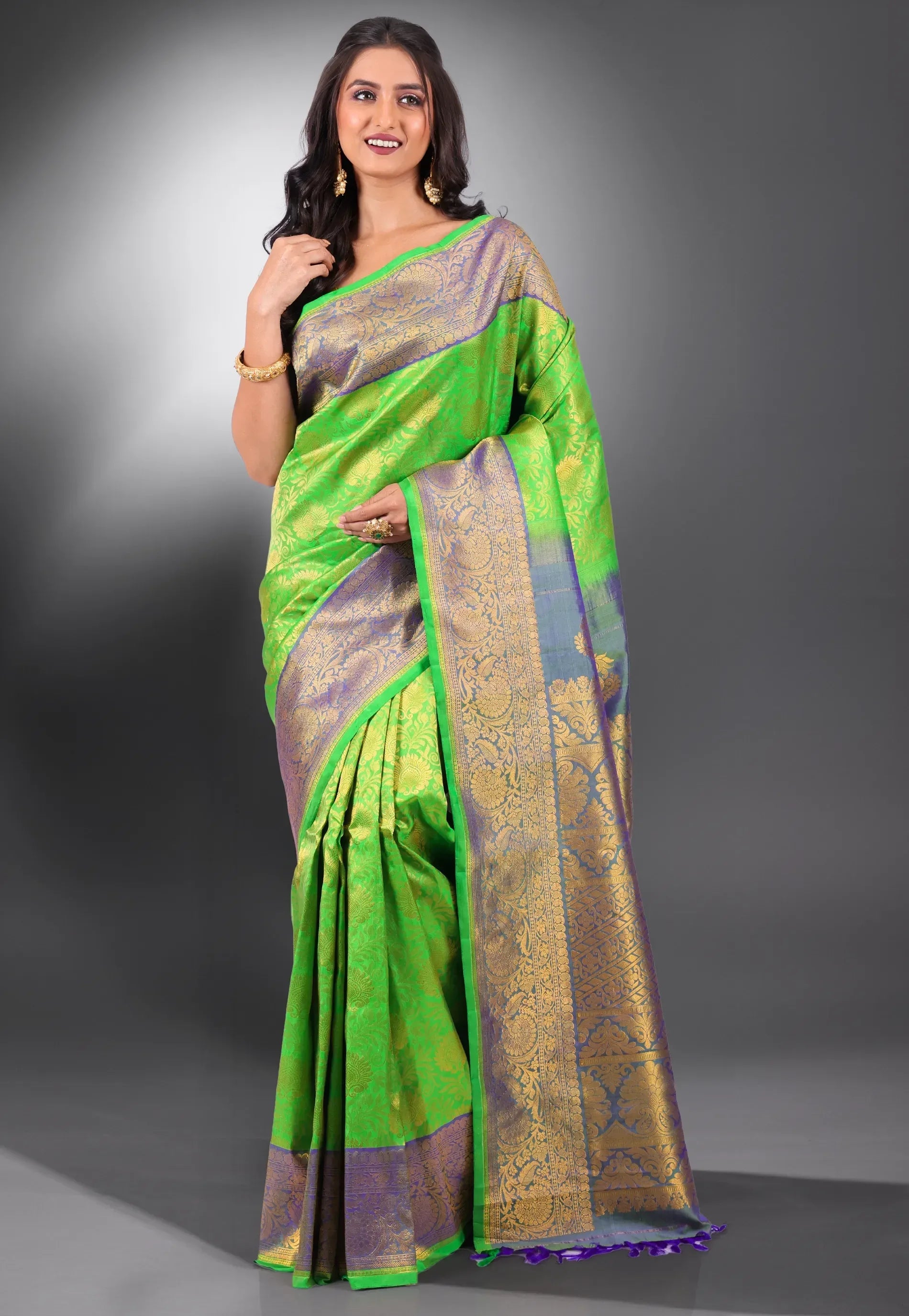 Parrot Green with Golden Border Pure Gadwal Silk Saree With Blouse Piece - Adi Akshoy & Co.