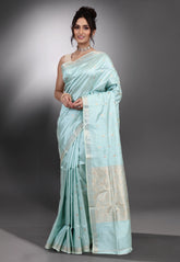 Light Firoza Blue Pure Katan Silk Saree with Blouse Piece - Adi Akshoy & Co.