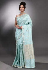 Light Firoza Blue Pure Katan Silk Saree with Blouse Piece - Adi Akshoy & Co.