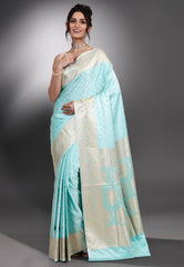 Light Firoza Blue Pastel Banarasi Saree With Blouse Piece - Adi Akshoy & Co.