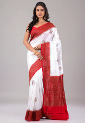 White with Red Border Pure Tussar Silk Saree with Blouse Piece - Adi Akshoy & Co.