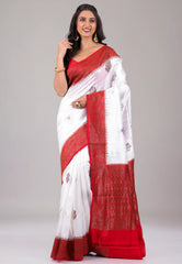 White with Red Border Pure Tussar Silk Saree with Blouse Piece - Adi Akshoy & Co.