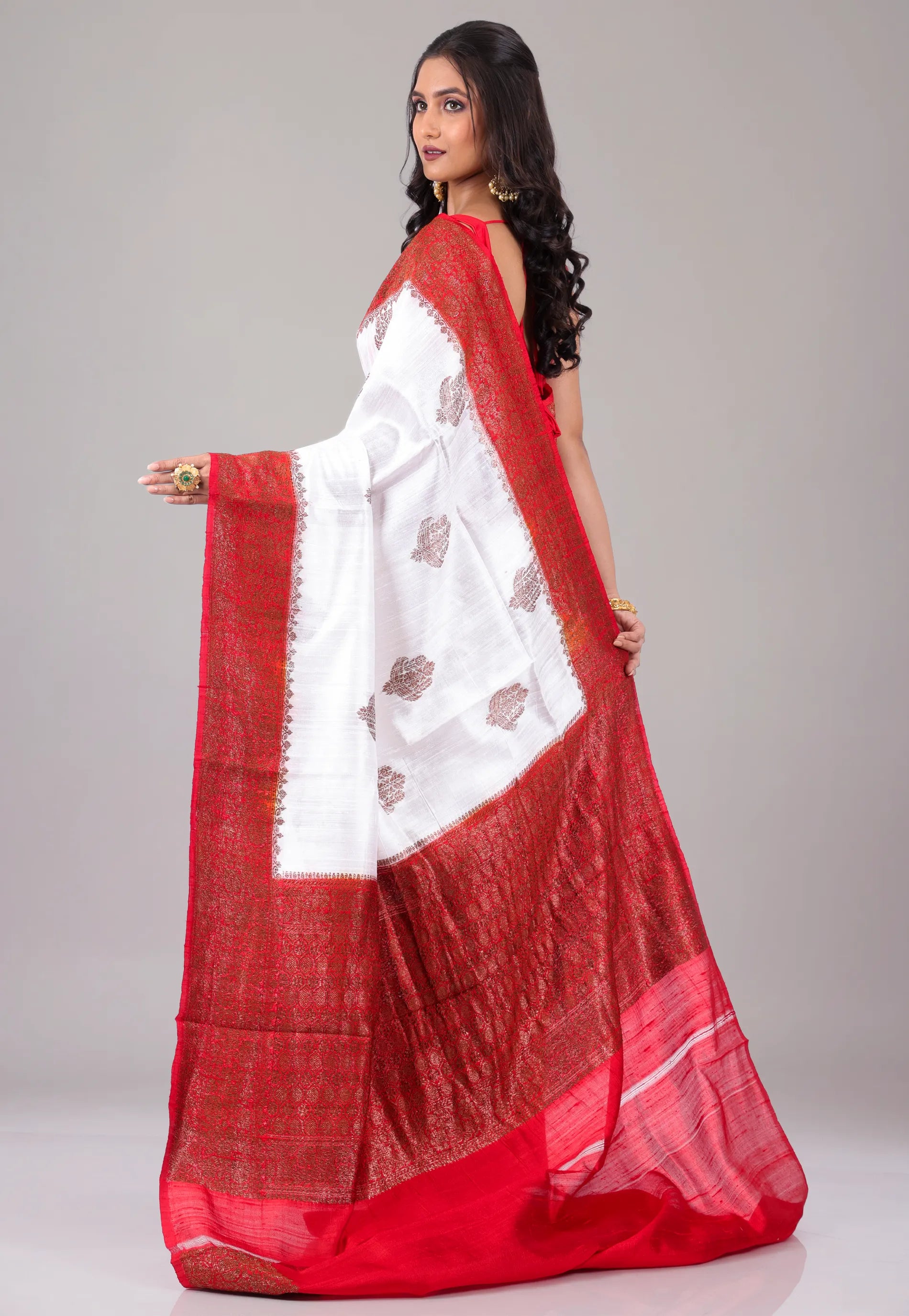 White with Red Border Pure Tussar Silk Saree with Blouse Piece - Adi Akshoy & Co.