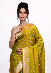 Olive Green Wedding Banarasi Silk Saree with Blouse Piece - Adi Akshoy & Co.