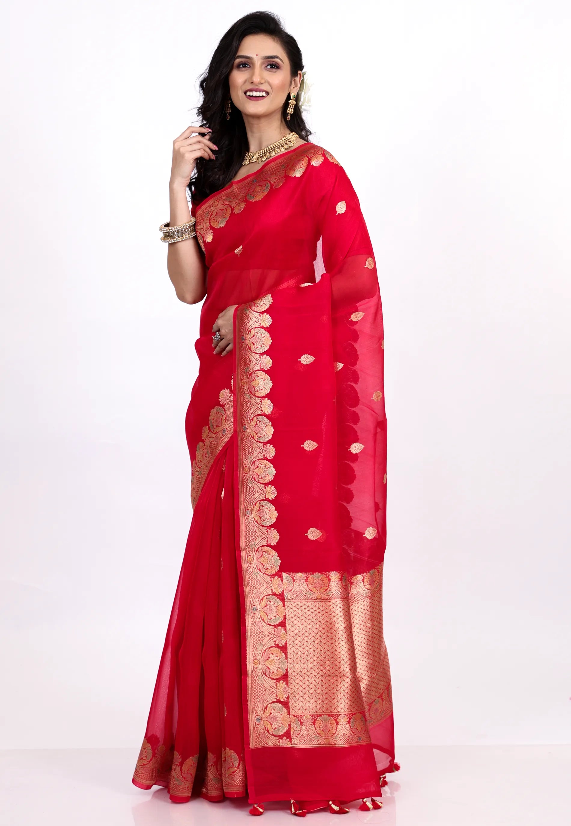 Red Pure Kora Silk Saree with Blouse Piece - Adi Akshoy & Co.