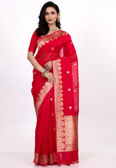 Red Pure Kora Silk Saree with Blouse Piece - Adi Akshoy & Co.
