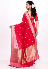 Red Pure Kora Silk Saree with Blouse Piece - Adi Akshoy & Co.
