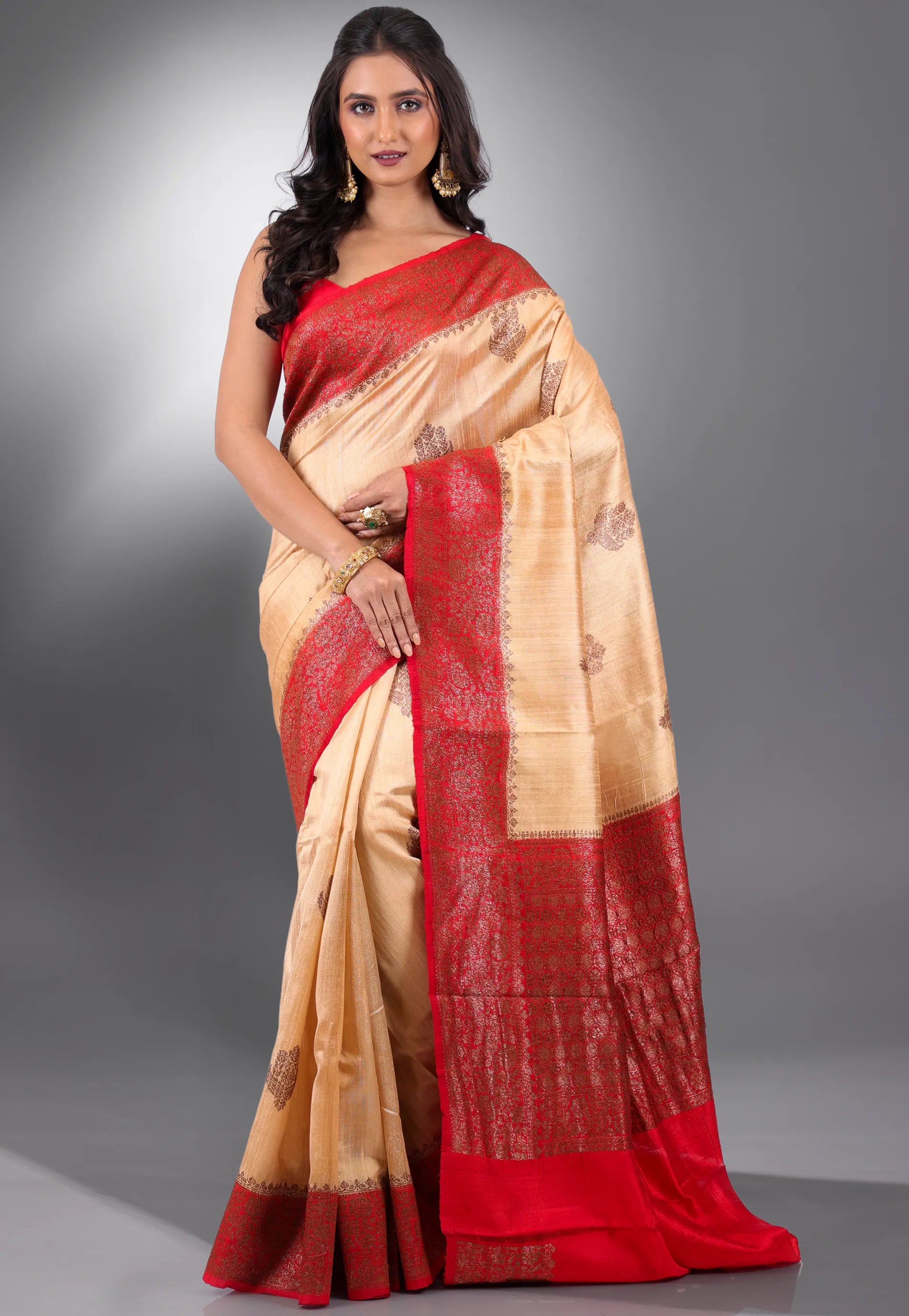 Tussar Colour with Red Border Pure Tussar with Blouse Piece - Adi Akshoy & Co.