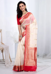 Cream Pure Kora Silk Saree with Blouse Piece - Adi Akshoy & Co.