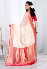 Cream Pure Kora Silk Saree with Blouse Piece - Adi Akshoy & Co.