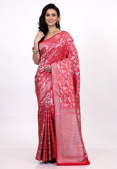 Red Shikargah Katan Silk Saree With Blouse Piece - Adi Akshoy & Co.