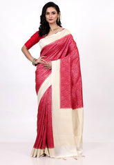 Red Tussar Silk Saree with Blouse Piece - Adi Akshoy & Co.