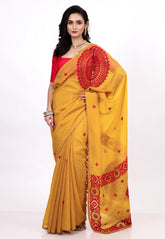 Mustard Yellow Crush Tissue Kantha Silk Saree With Blouse Piece - Adi Akshoy & co.