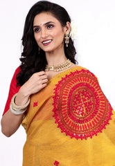 Mustard Yellow Crush Tissue Kantha Silk Saree With Blouse Piece - Adi Akshoy & co.