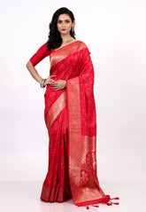 Red Katan Silk Saree with Blouse Piece - Adi Akshoy & Co.