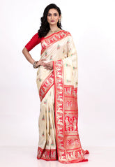 Cream Baluchari Silk Saree with Blouse Piece - Adi Akshoy & Co.