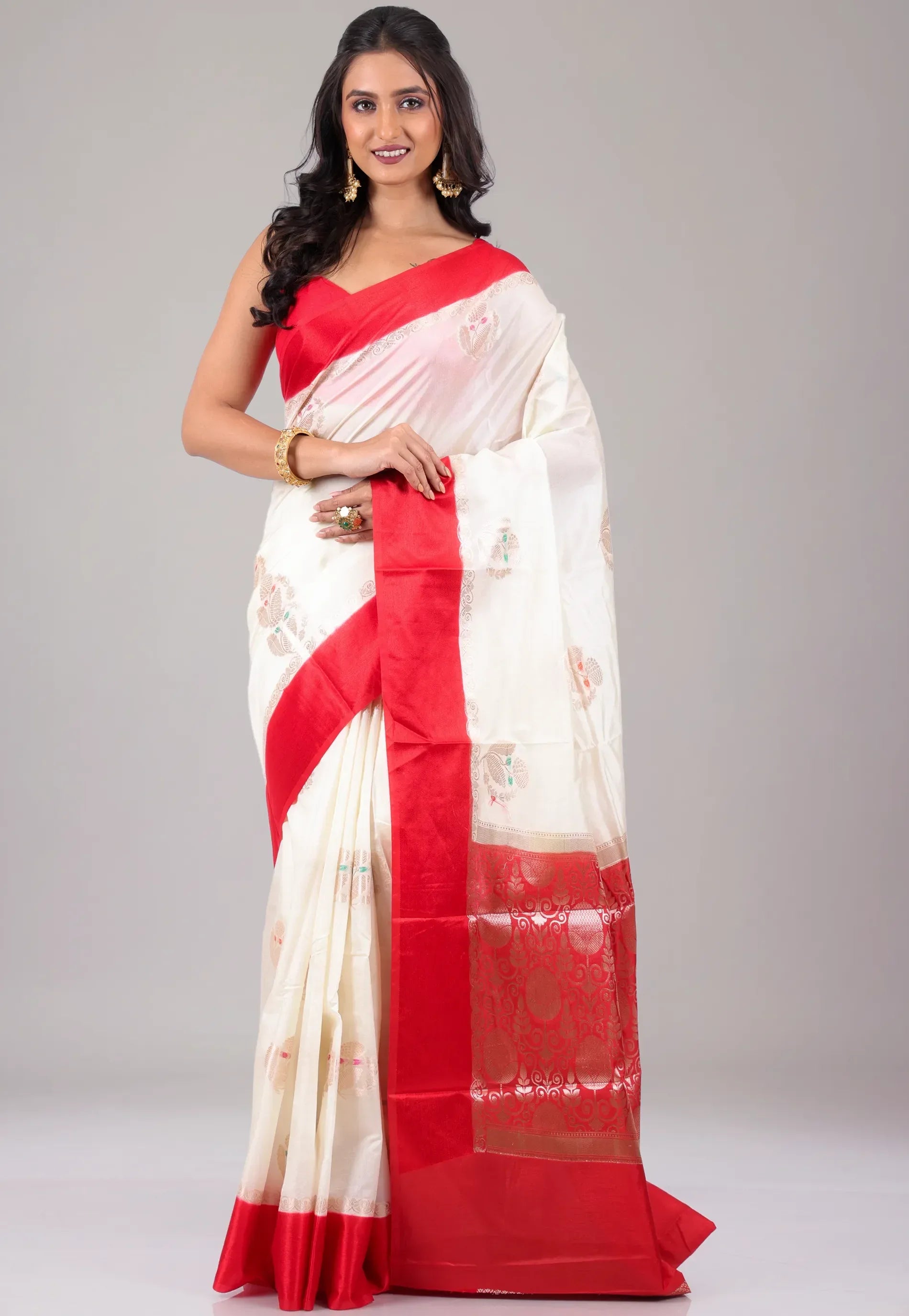 Off White with Red Border Katan Silk Saree With Blouse Piece - Adi Akshoy & Co.