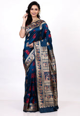 Navy Blue Baluchari Silk Saree with Blouse Piece - Adi Akshoy & Co.