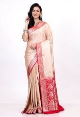 Beige Pastel Banarasi Saree With Blouse Piece - Adi Akshoy & Co.