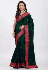 Bottle Green Green Kantha Silk Saree with Blouse Piece
