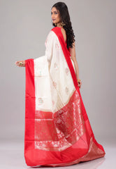 Off White with Red Border Katan Silk Saree With Blouse Piece - Adi Akshoy & Co.
