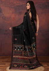 Black Kantha Silk Saree With Blouse Piece - Adi Akshoy & Co.