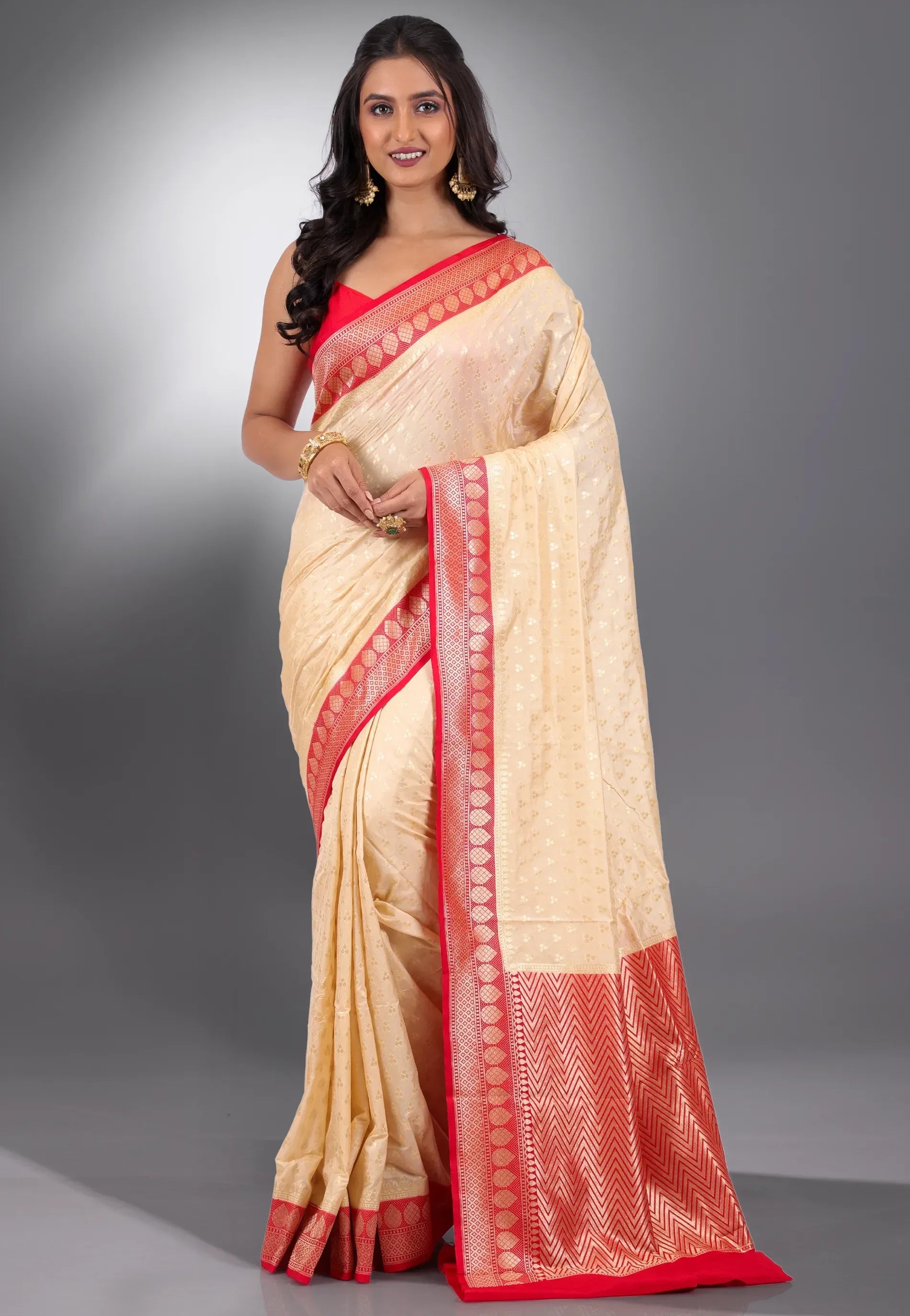 Beige with Red Border Katan Silk Saree With Blouse Piece - Adi Akshoy & Co.