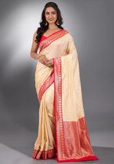 Beige with Red Border Katan Silk Saree With Blouse Piece - Adi Akshoy & Co.